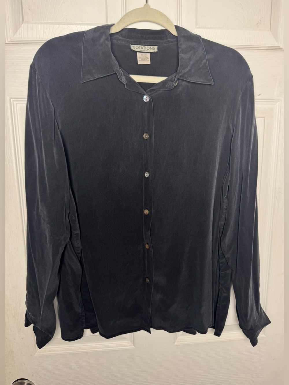 Vintage 100% Silk Black Long Sleeve Button Down Collared Shirt Office Siren Goth